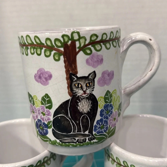 Vintage MM Portugal Hand-Painted Folk Art Kitty Cat/Tiger 3 Cup Set - Picture 2 of 9